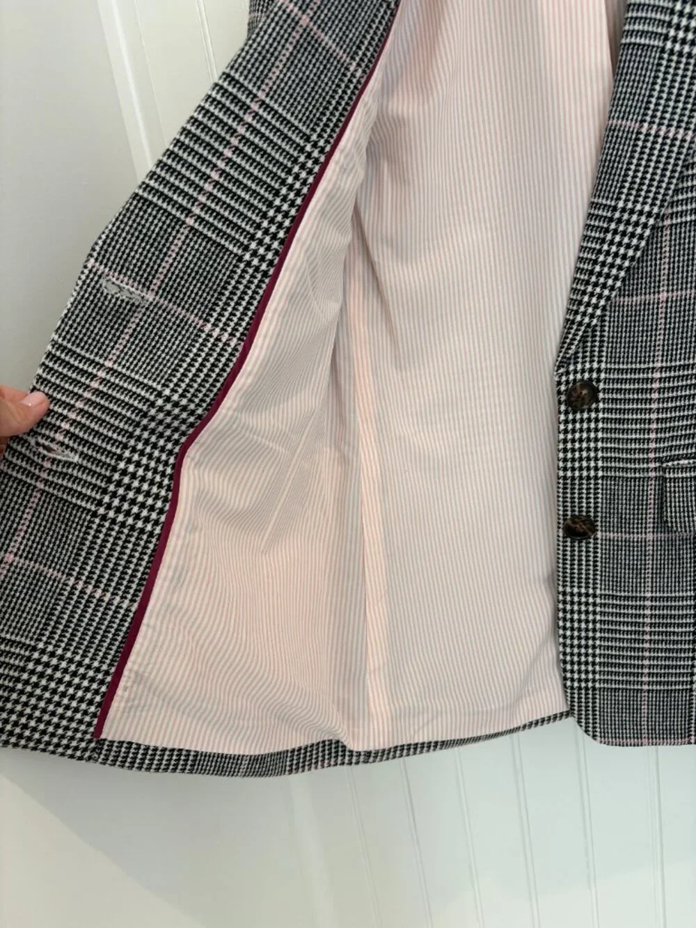 J.Crew Nello Gori Boyfriend Blazer Glen Plaid Houndstooth Pink Lining Sz 2